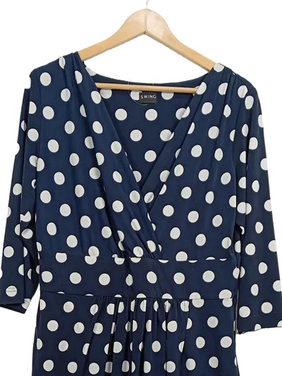 SWING Damen Wickelkleid Gr. 44 Blau Weiß Polka Dots Punkte Midikleid