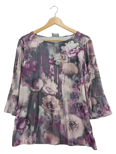 Fair Lady Damen Bluse Gr. 44 Blumenmuster Lila Grau 3/4-Arm Feminin