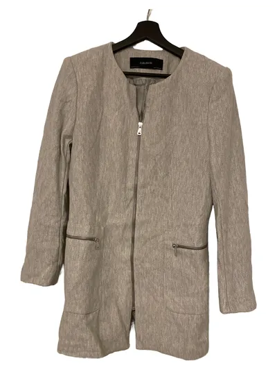 ZARA BASIC Damen Leichter Mantel Gr. 42/XL Grau Fischgrätenmuster Reißverschluss