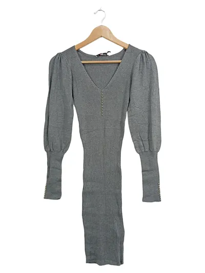 Morgan Strickkleid Damen Gr. 34/XS Grau V-Ausschnitt Langarm Rippstrick