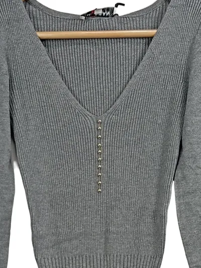 Morgan Strickkleid Damen Gr. 34/XS Grau V-Ausschnitt Langarm Rippstrick