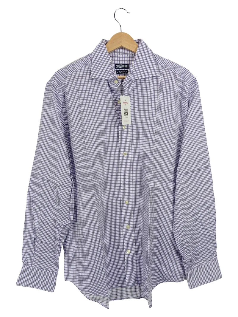 CAFÉ COTON Herren Business Hemd Gr. 40 Kariert Lila Weiß Baumwolle 1