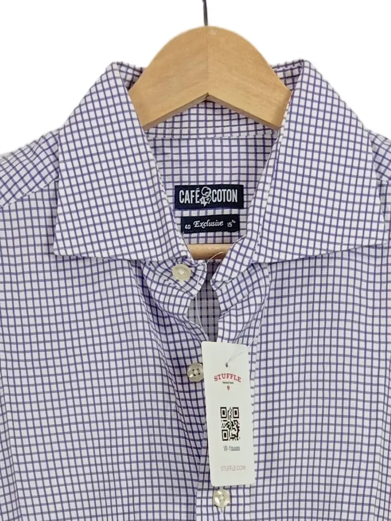 CAFÉ COTON Herren Business Hemd Gr. 40 Kariert Lila Weiß Baumwolle 3