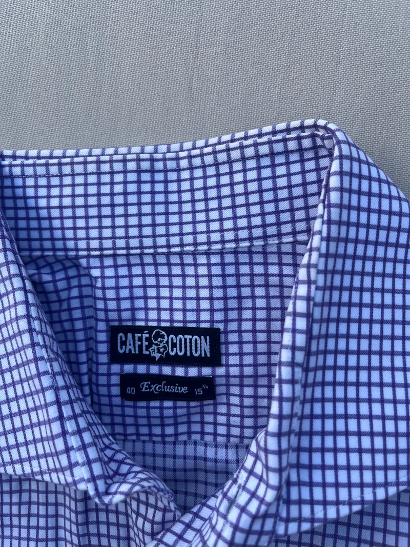 CAFÉ COTON Herren Business Hemd Gr. 40 Kariert Lila Weiß Baumwolle 5