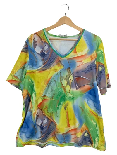 MONA Damen T-Shirt V-Ausschnitt abstraktes Muster Gr. 48 Mehrfarbig