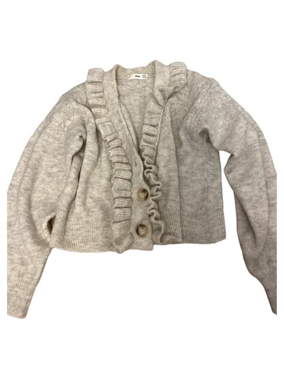 MNG Strickjacke Damen Beige Gr. 34/XS Langarm Rüschen Knopf Casual