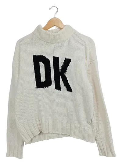 DKNY Damen Strickpullover mit Schriftzug Gr. 40/L Casual Weiß Polyester