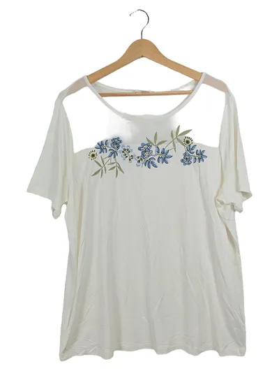 MONA Damen T-Shirt Gr. 48 Weiß Casual mit Blumenstickerei