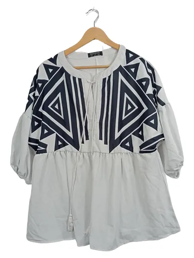 BLOOMCHIC Damen Bluse Gr. 42 Weiß Geometrisches Muster Casual Shirt