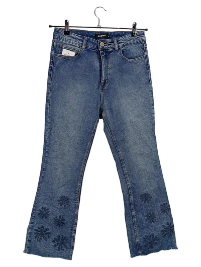 Desigual Damen Jeans Bootcut Gr. 40 Blau Casual mit Blumenstickerei