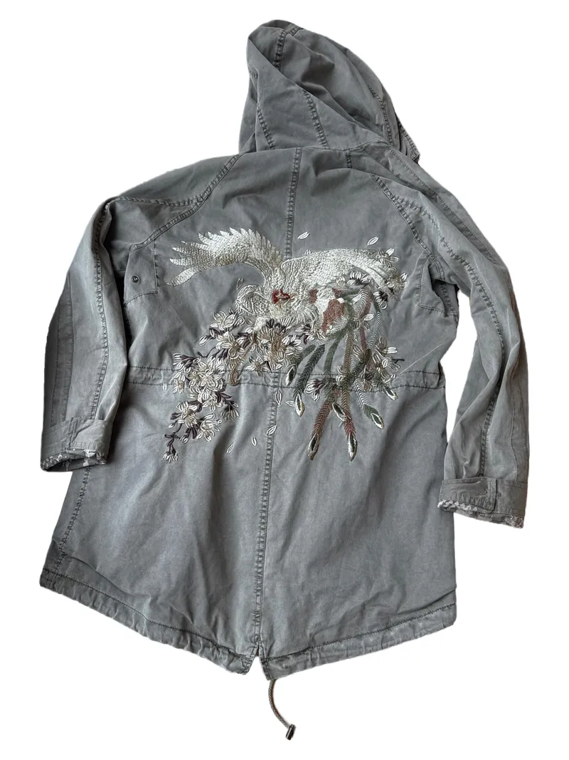 BLONDE No.8 Damen Parka Gr. 40 Oliv Stickerei Vogel Baumwolle Kapuze Jacke 2