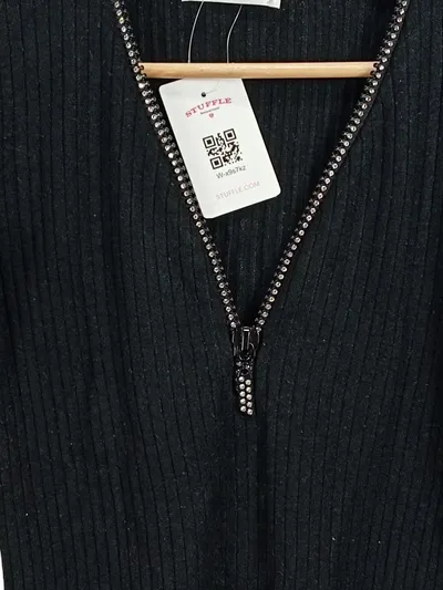 J&H Fashion Damen Pullover Gr. 38 Schwarz Rippstrick mit Strass-Reißverschluss