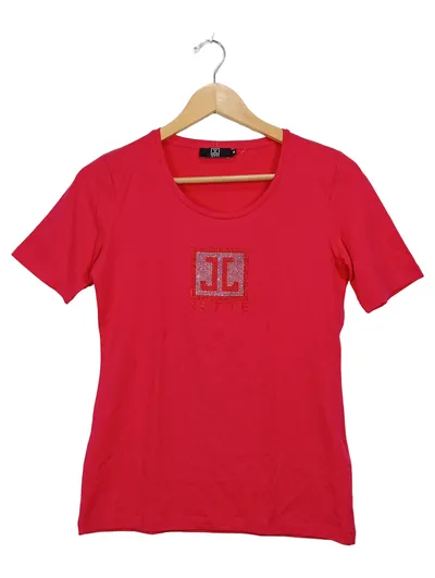 JETTE Damen T-Shirt Gr. 36 Rot Strass Logo Kurzarm Baumwolle Modal