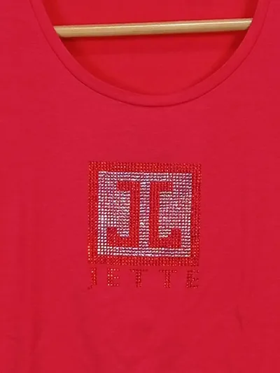 JETTE Damen T-Shirt Gr. 36 Rot Strass Logo Kurzarm Baumwolle Modal