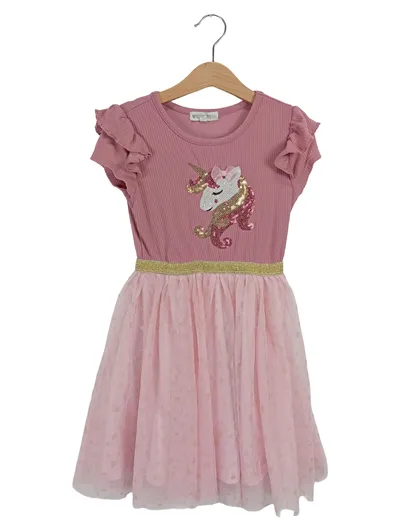 Nannette Kinderkleid Mädchen Einhorn Tüllkleid Pink Gr. 116 Pailletten Rüschen