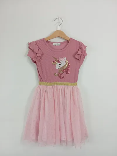 Nannette Kinderkleid Mädchen Einhorn Tüllkleid Pink Gr. 116 Pailletten Rüschen