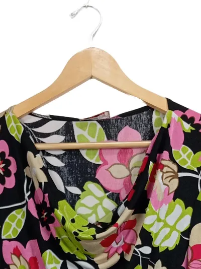 Kim & Co. Bluse Damen Gr. 42 Blumenmuster Wasserfallkragen Bunt Kurzarm