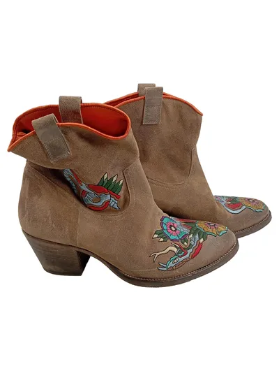 Elena Iachi Damen Stiefel Gr. 40 Braun Wildleder Cowboy Boots Stickerei