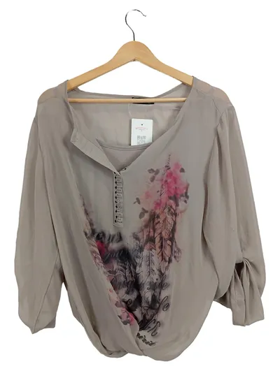 Blind Date Damen Bluse Gr. 40 Beige Feder Print Strass Chiffon