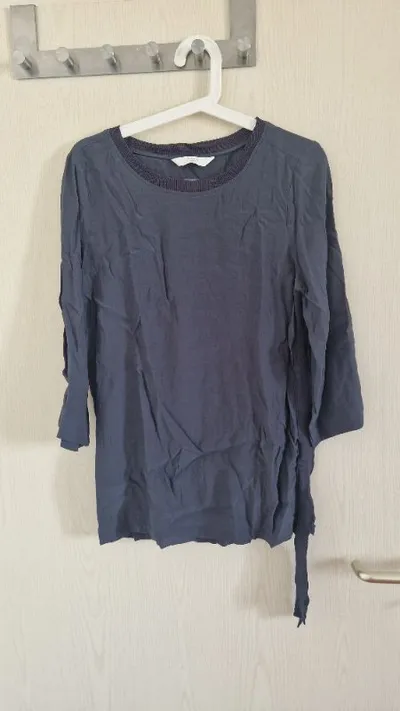 YAYA Damen Bluse 3/4 Arm Blau Uni Rippstrick Schleife Gr. 36 S