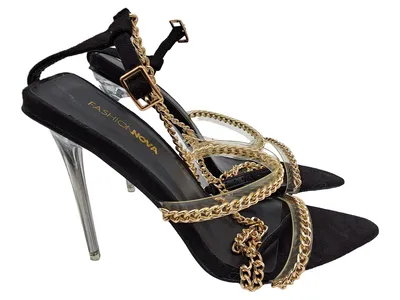 Fashion Nova Sandaletten Damen Gr. 37,5 Schwarz Gold Ketten Stiletto High Heels