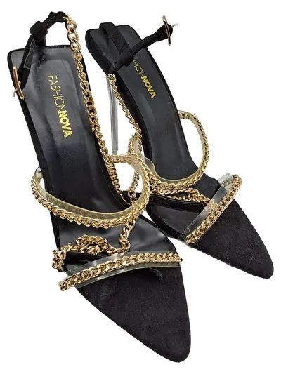 Fashion Nova Sandaletten Damen Gr. 37,5 Schwarz Gold Ketten Stiletto High Heels