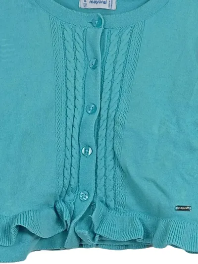 Mayoral Strickjacke Mädchen Gr. 116 Türkis Zopfmuster Rüschen Cardigan