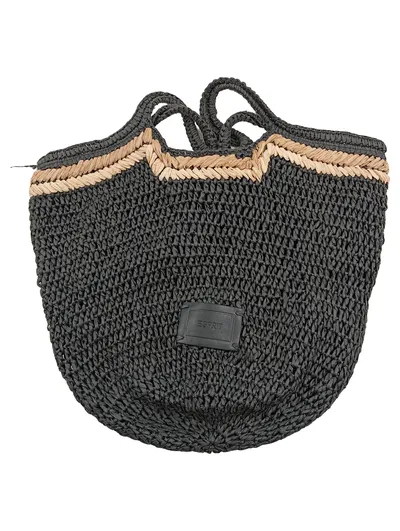 Esprit Korbtasche Strohtasche Henkeltasche Schwarz Beige Damen Strandtasche
