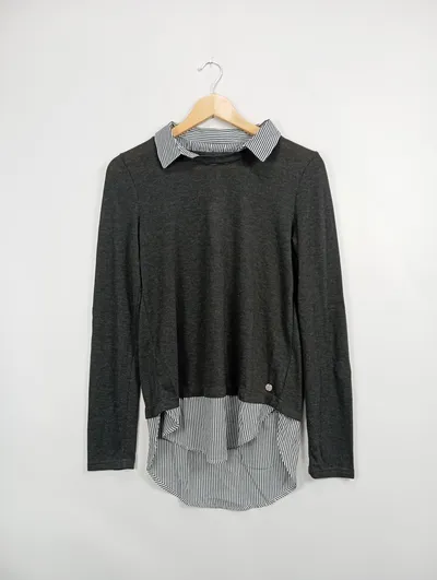 Holl's Damen Pullover 2-in-1 Optik Hemdkragen Grau Gestreift Gr. M