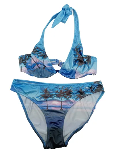 KangaROOS Damen Bikini 36 C Blau Palmen Strand Motiv Neckholder Bügel