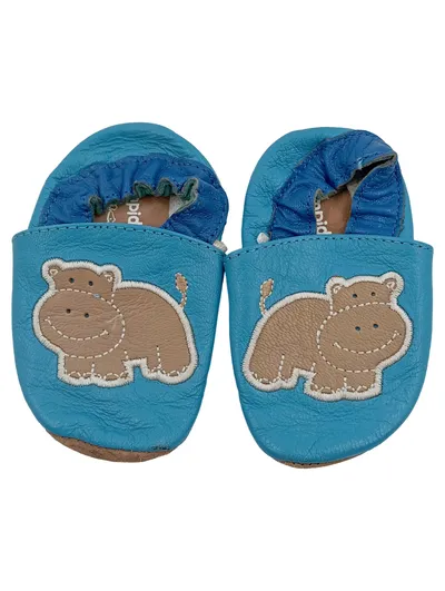 Impidimpi Krabbelschuhe Hausschuh Nilpferd Leder Kinder Blau Gr. 6-12 m