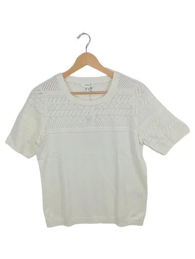 MONA Damen Pullover Strickshirt Gr. 40/L Weiß Casual Lochmuster Kurzarm
