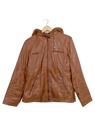 Newbestyle Damen Kunstlederjacke mit Kapuze Braun Gr. 40/L Modern