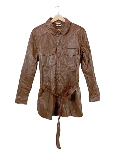 everme Damen Kunstlederjacke Hemdstyle Braun Gürtel Gr. 44 XXL