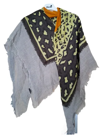 Black Colour Damen Schal Leopardenmuster Wolle Grau Gelb Orange 147x135cm