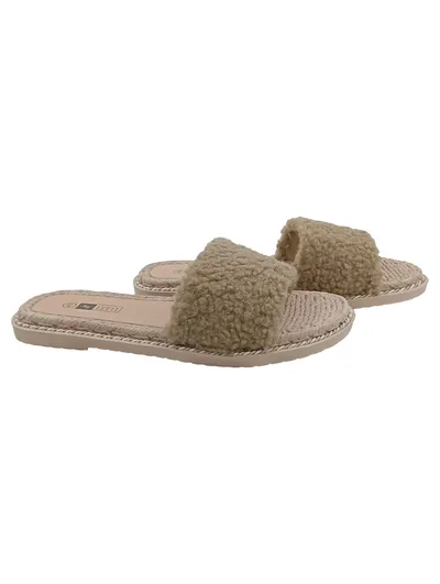 Lucky Shoes Damen Hausschuhe Gr. 40 Beige Pantoletten Fellbesatz Komfortabel
