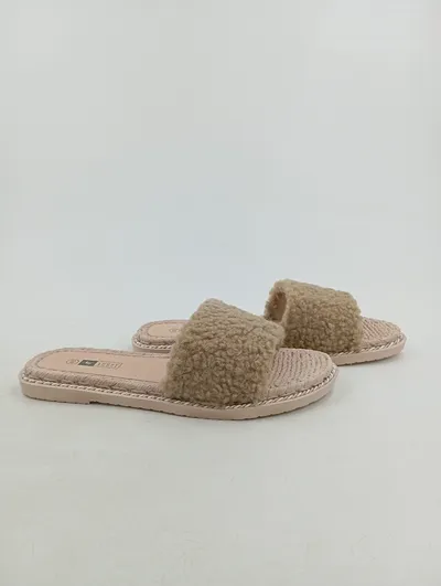 Lucky Shoes Damen Hausschuhe Gr. 40 Beige Pantoletten Fellbesatz Komfortabel