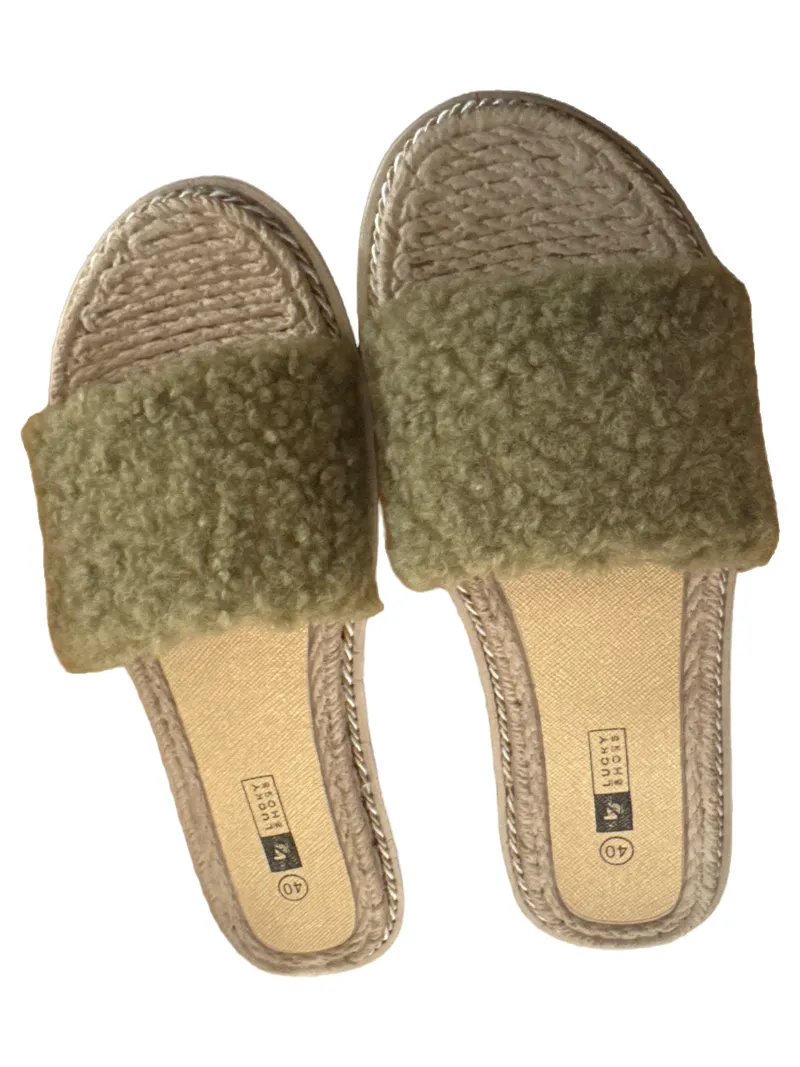 Lucky Shoes Damen Hausschuhe Gr. 40 Beige Pantoletten Fellbesatz Komfortabel 3