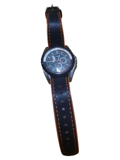 Timex Herren Armbanduhr Chronograph Lederarmband Schwarz Orange