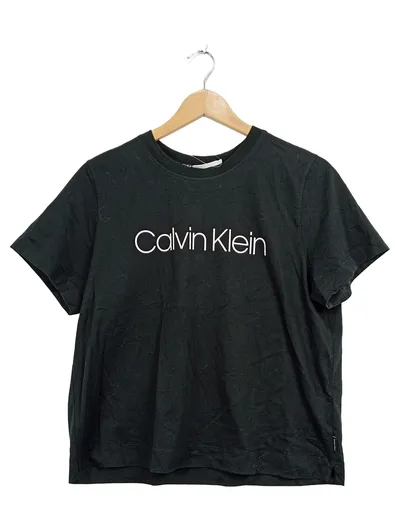 Calvin Klein Damen T-Shirt Schwarz Logo-Print Gr. M Baumwolle Basic