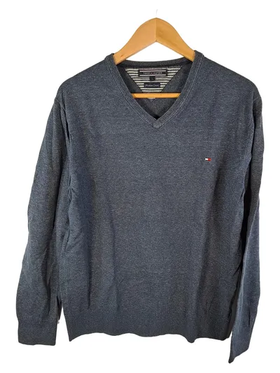 Tommy Hilfiger Pullover Herren L Grau V-Ausschnitt Premium Cotton