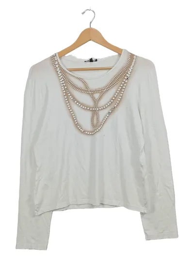 Bandolera Damen Langarmshirt Gr. 40/L Weiß Feminin Perlenkette Print