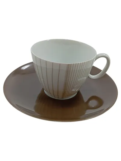 Thomas Germany Kaffeetasse mit Untertasse Porzellan Braun Weiß Gestreift