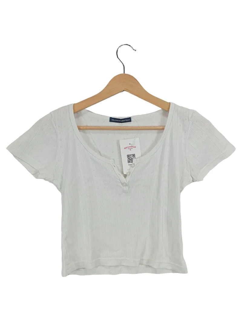 Brandy Melville Damen Top Kurzarmshirt Weiß Gr. 32/XXS Casual Rippstrick 1
