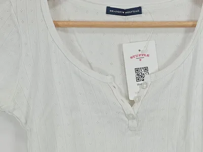 Brandy Melville Damen Top Kurzarmshirt Weiß Gr. 32/XXS Casual Rippstrick