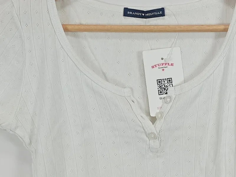 Brandy Melville Damen Top Kurzarmshirt Weiß Gr. 32/XXS Casual Rippstrick 2