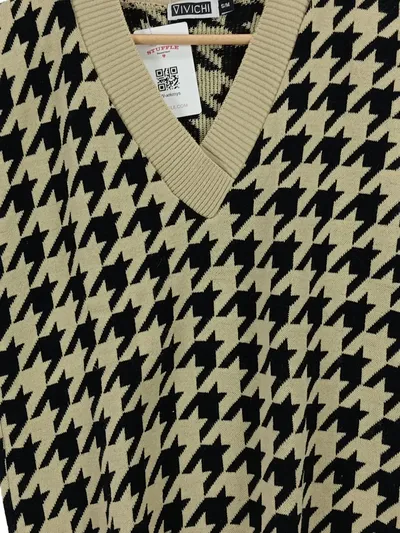 Vivichi Damen Pullunder S/M Beige Hahnentritt Modern V-Ausschnitt Strick