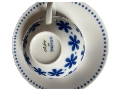 Arzberg Indigo Kaffeetasse Untertasse Porzellan Blumenmuster Weiß 4cm