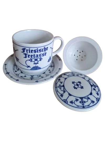 Kahla Teetasse Blau Saks Porzellan 8cm floral weiß 4er Set