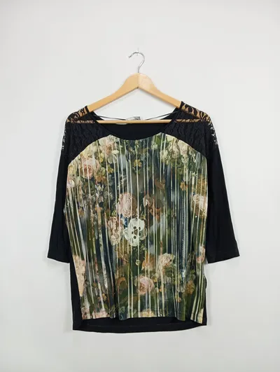 TAIFUN Damen T-Shirt Blumenmuster Spitze Schwarz Gr. 38;M